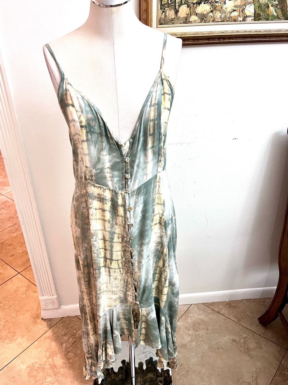 Malibu Sage Green Tie-Dye Button-Front Midi Dress